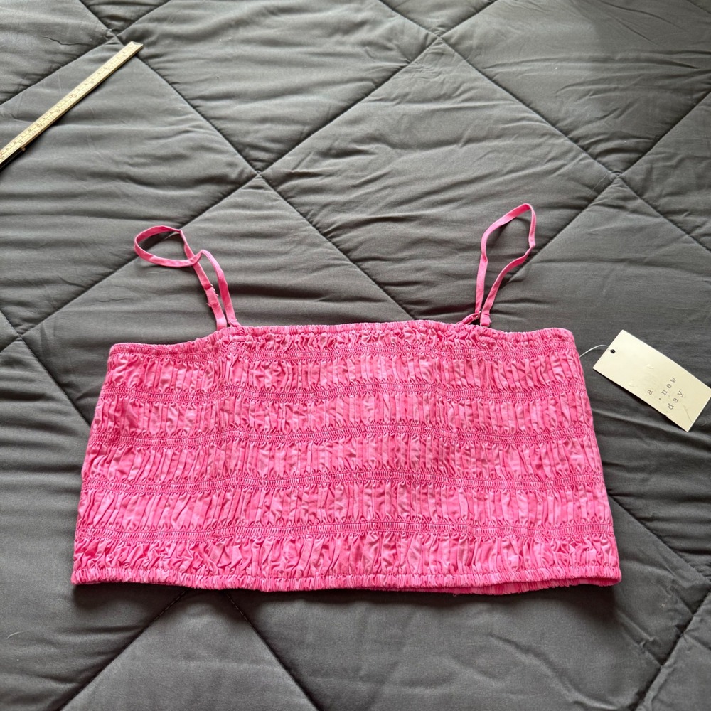 A New Day Smocked Tube Top Women Medium Pink NWT Adjustable Straps Cropped - Picture 2 of 6